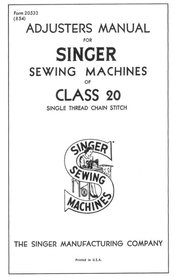 Adjuster's for the Singer Model 20 manual cover
