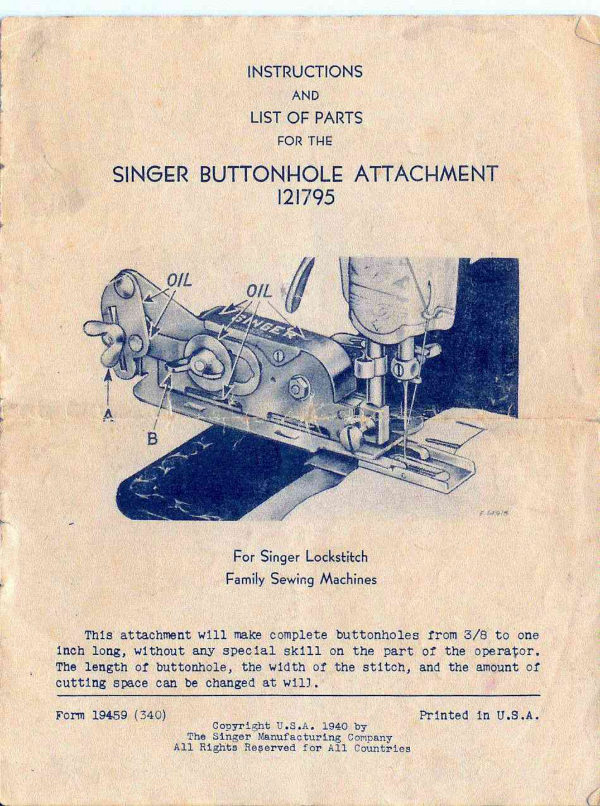 Singer Buttonhole Attachment Model 121795 manual cover