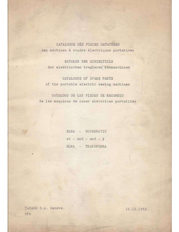 Elna 1952 Supermatic & Transforma Parts List manual cover