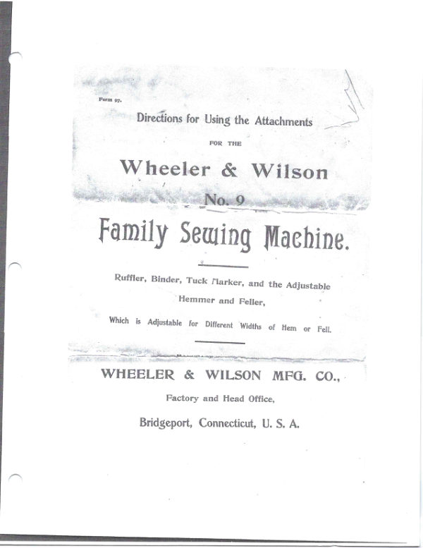 Wheeler & Wilson Number 9 Accessory manual cover