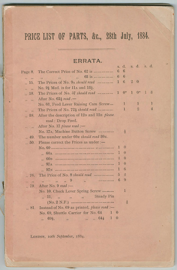 Singer NF, Medium, IF, IM, UFA, No. 2, No. 3, No. 4, Kilting Parts List manual cover