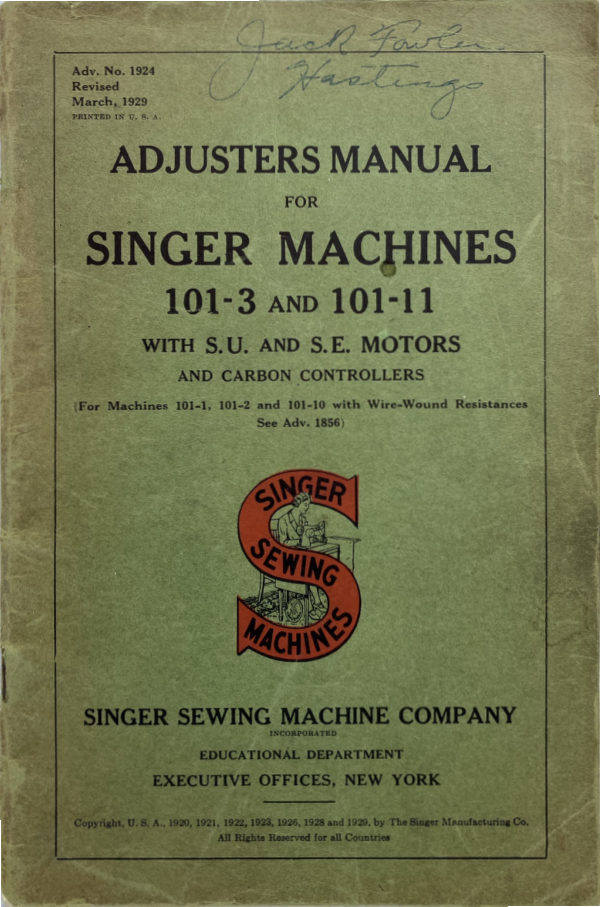 Singer 101-1, 101-2, 101-3, 101-10, & 101-11 Adjusters manual cover