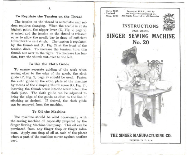 Singer Model 20 (1923) manual cover