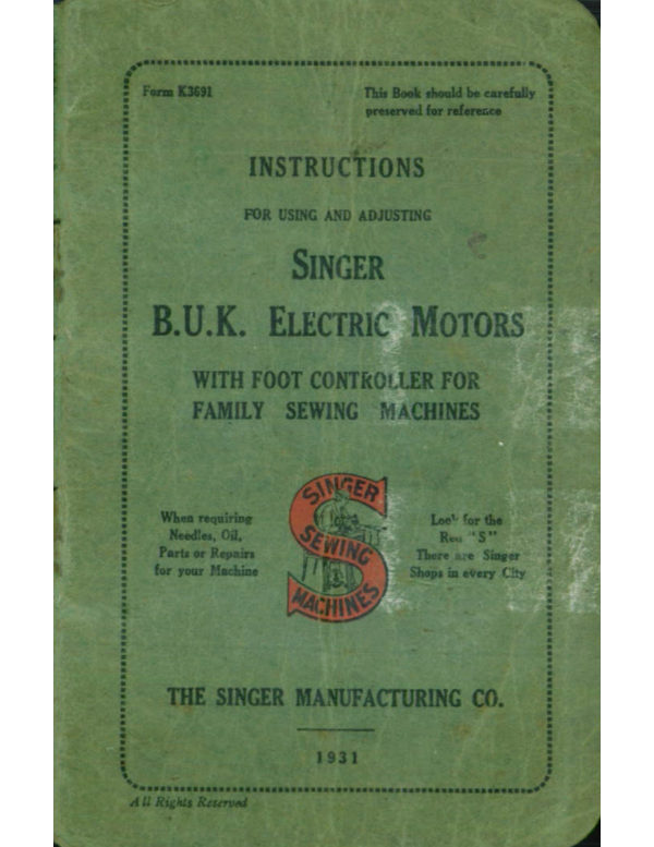 Singer B.U.K. Electric Motor (1931, foot control) manual cover