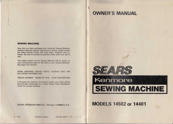 Sears Kenmore Models 14502 or 14401 manual cover