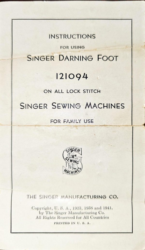 Singer Darning Foot Model 121094 manual cover